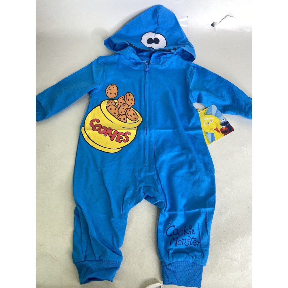 Sesame Street Cookie Monster Long Sleeve Hooded Romper One Piece Baby 6 Months